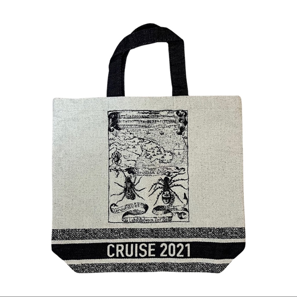 Authentic CHRISTIAN DIOR Canvas Print Cruise Tote Ivory Black.
